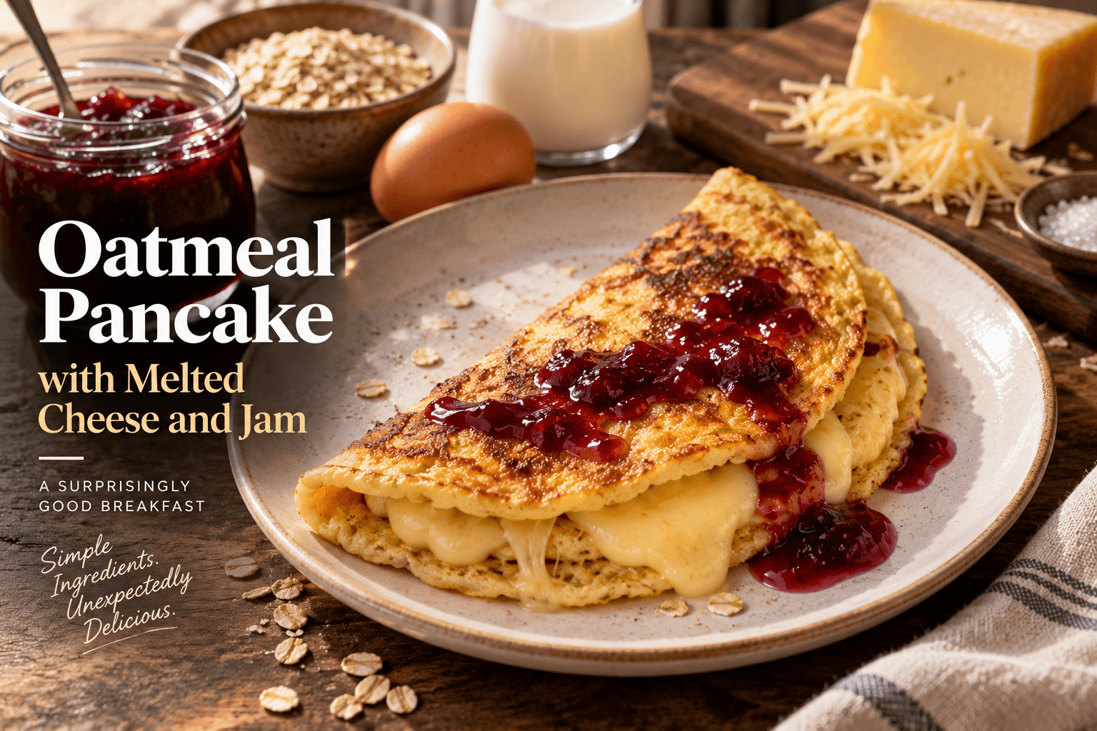 Folded oatmeal pancake filled with melted cheese and topped with red-fruit jam, beside oats, an egg, milk and cheese.