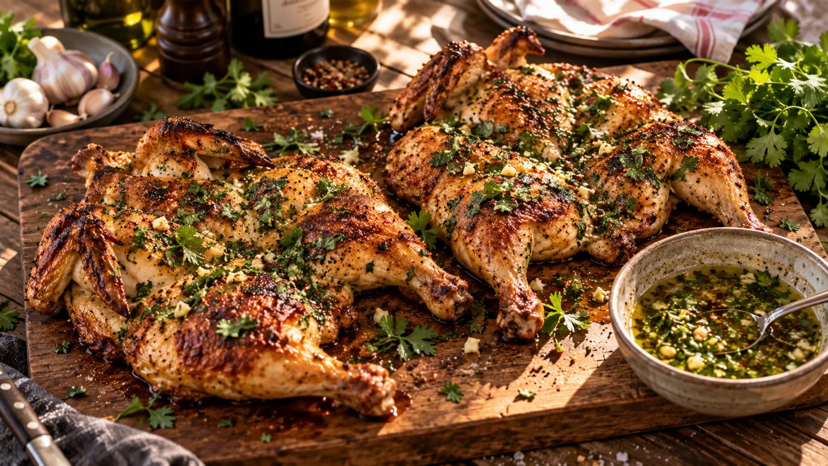 Flattened roast chickens with browned skin, garlic and chopped herbs on a wooden board, beside a bowl of herb-garlic butter.