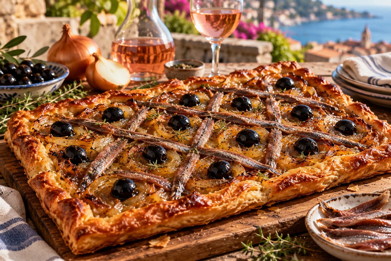 A golden puff-pastry onion tart topped with a diamond lattice of anchovy fillets and black olives, with rosé wine and a Mediterranean coastal view.