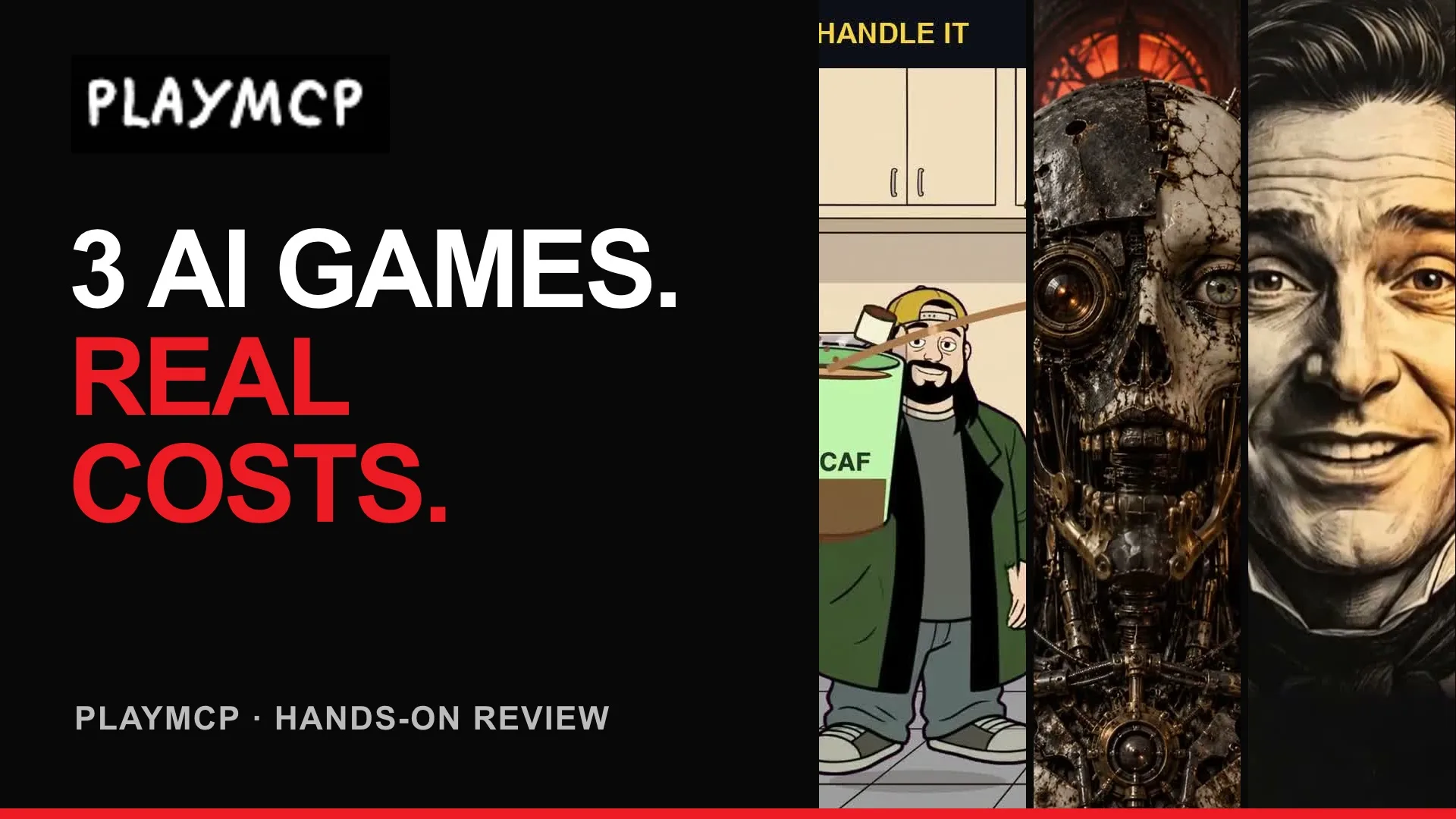PlayMCP review cover reading “3 AI Games. Real Costs.” alongside scenes from Disco Coffee Showdown, SIRTET and Jekyll or Hyde.