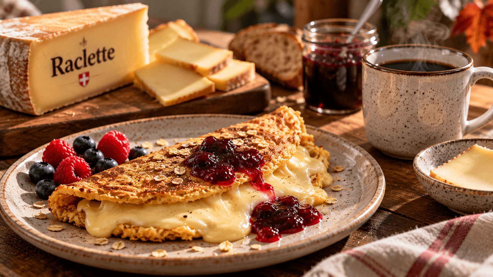 An oatmeal pancake filled with melted raclette and topped with berry jam, beside raclette cheese, bread, berries and a cup of coffee.