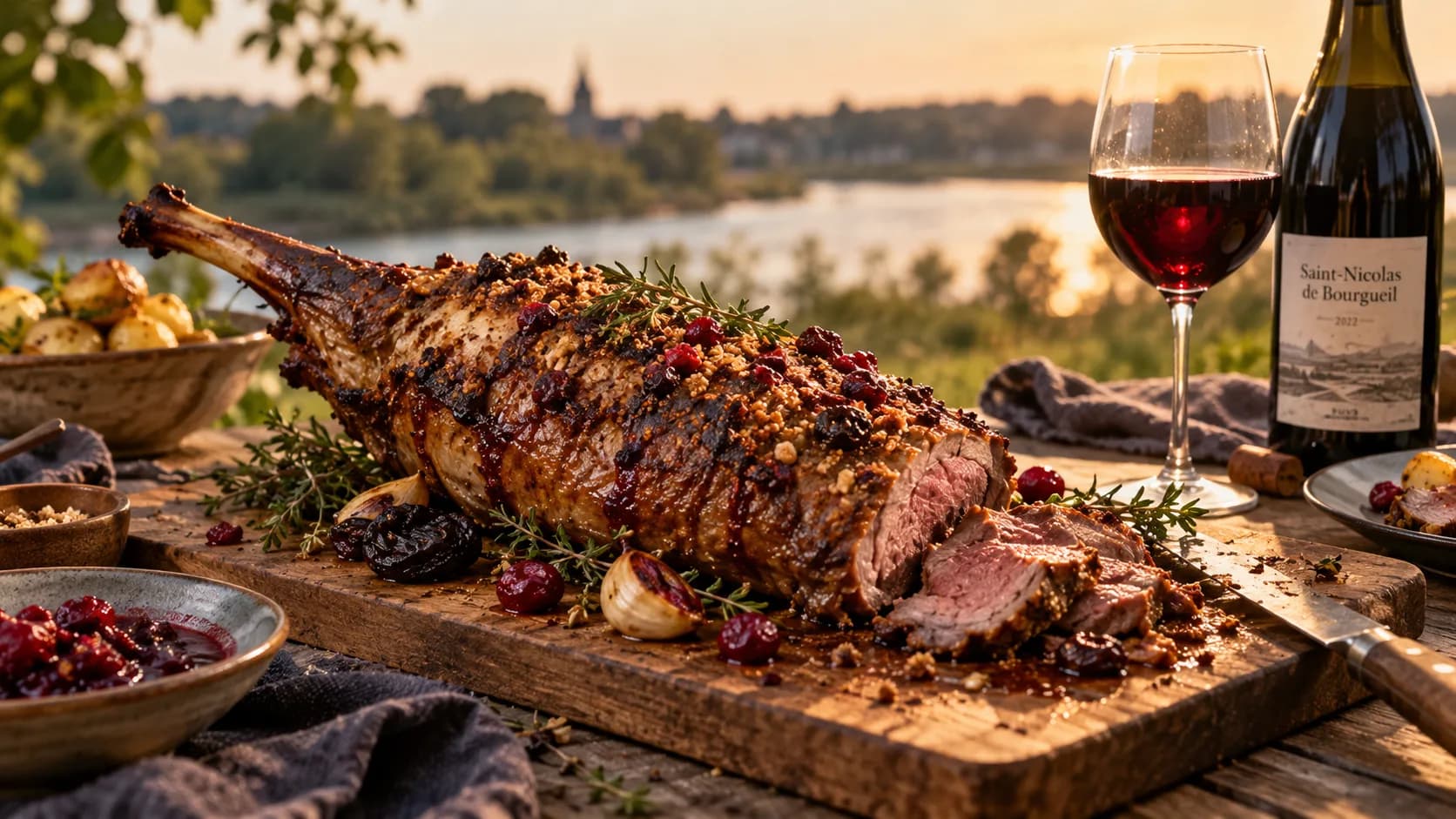 A roast roe deer leg with a browned coating, sliced meat, cranberries and herbs beside a glass of red wine on a table overlooking a river at sunset.