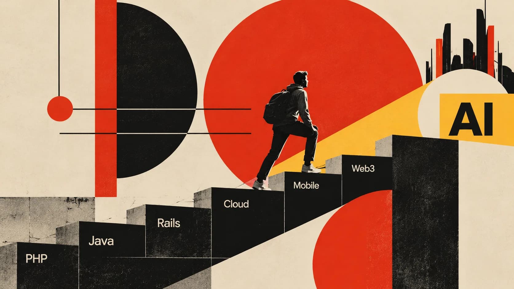 A person climbs steps labelled PHP, Java, Rails, Cloud, Mobile and Web3 toward AI, in a red, black and cream geometric illustration.
