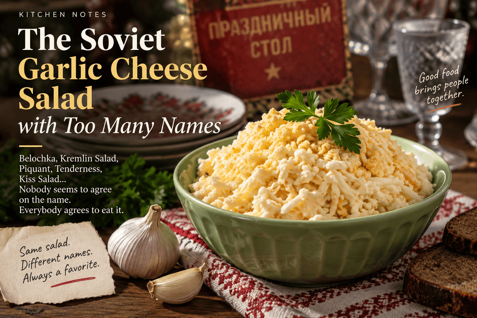 A bowl of garlic cheese salad beside garlic, bread and tableware on a nostalgic family holiday table.
