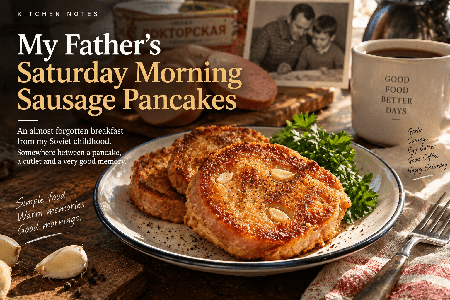Golden garlic-stuffed sausage slices in egg batter, served with coffee in a nostalgic Saturday breakfast scene.
