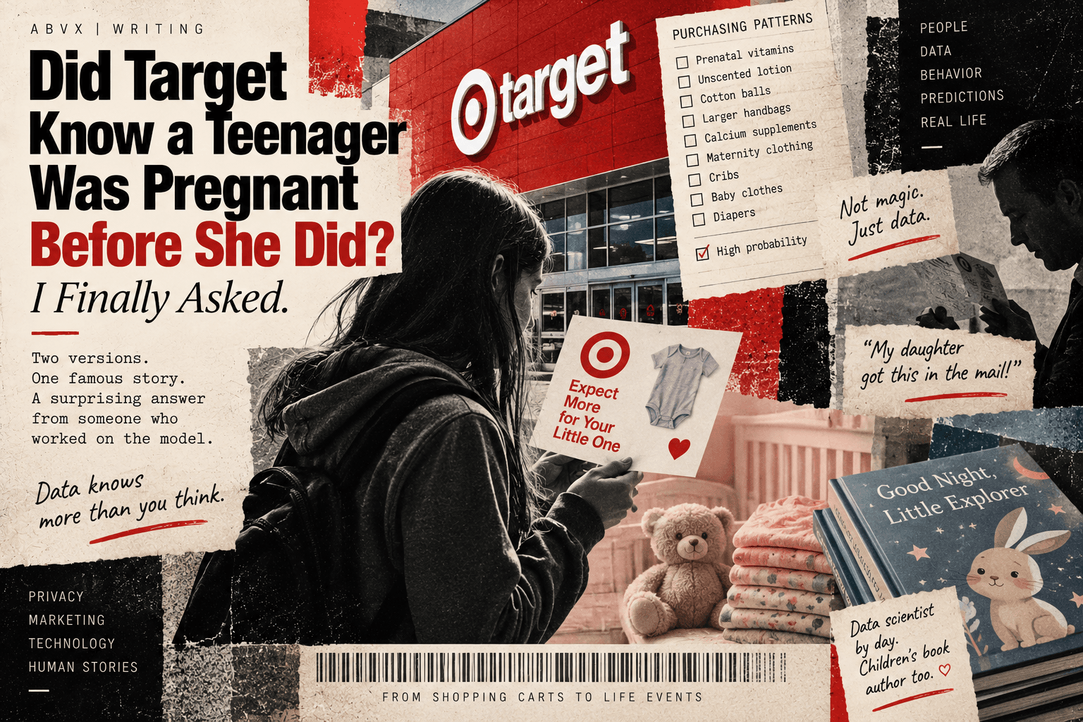 Editorial collage illustrating Target purchase-pattern analytics, pregnancy-related marketing and the privacy implications of sensitive predictions.