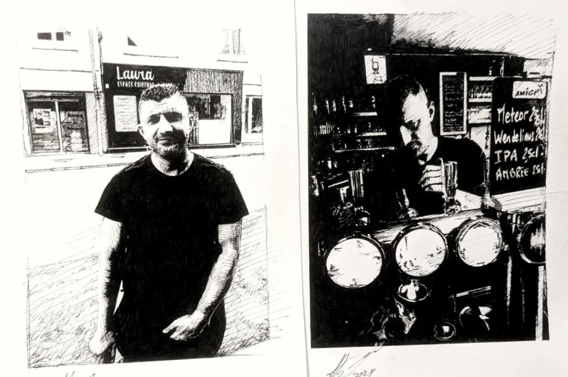 Two original drawings showing a man outside a shop and a man with a drink at the bar.