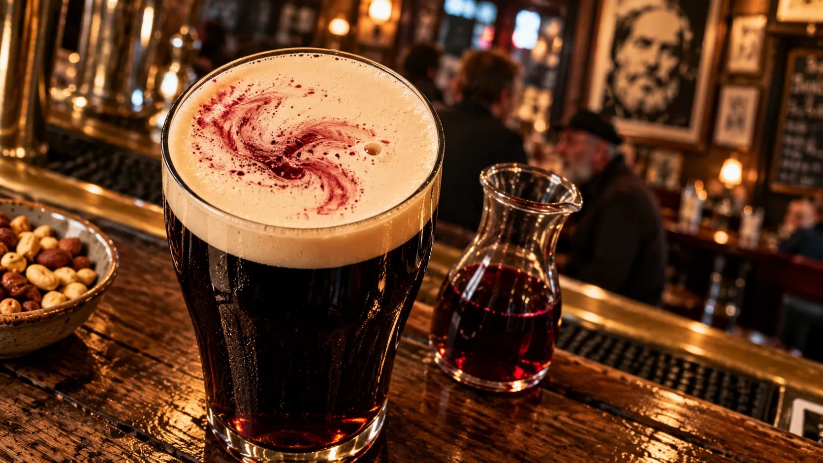 A pint of dark stout with a red swirl in its creamy foam, beside a small carafe of red port on a warmly lit pub counter.