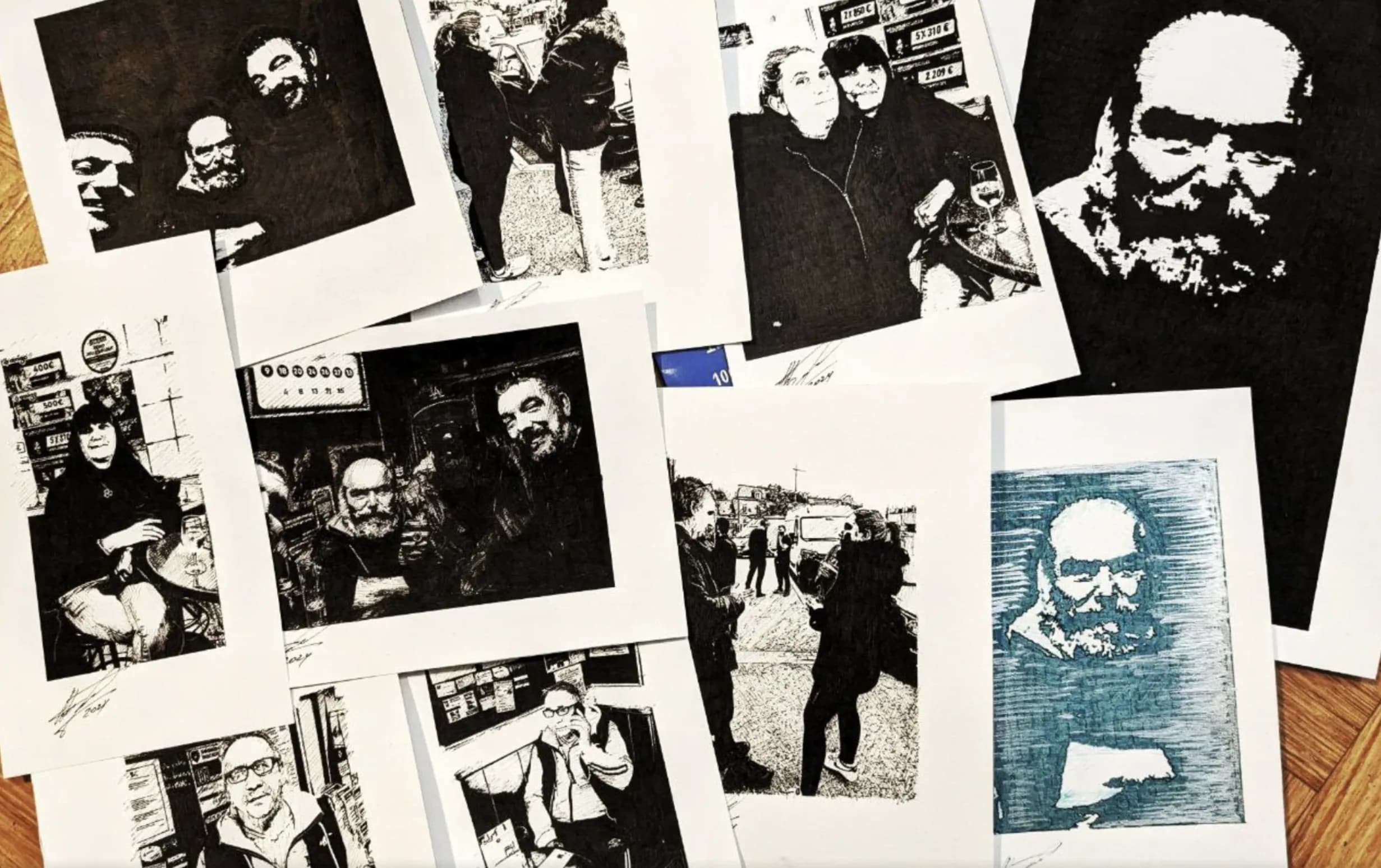 A collection of original portraits of friends and bar regulars, drawn on separate sheets.