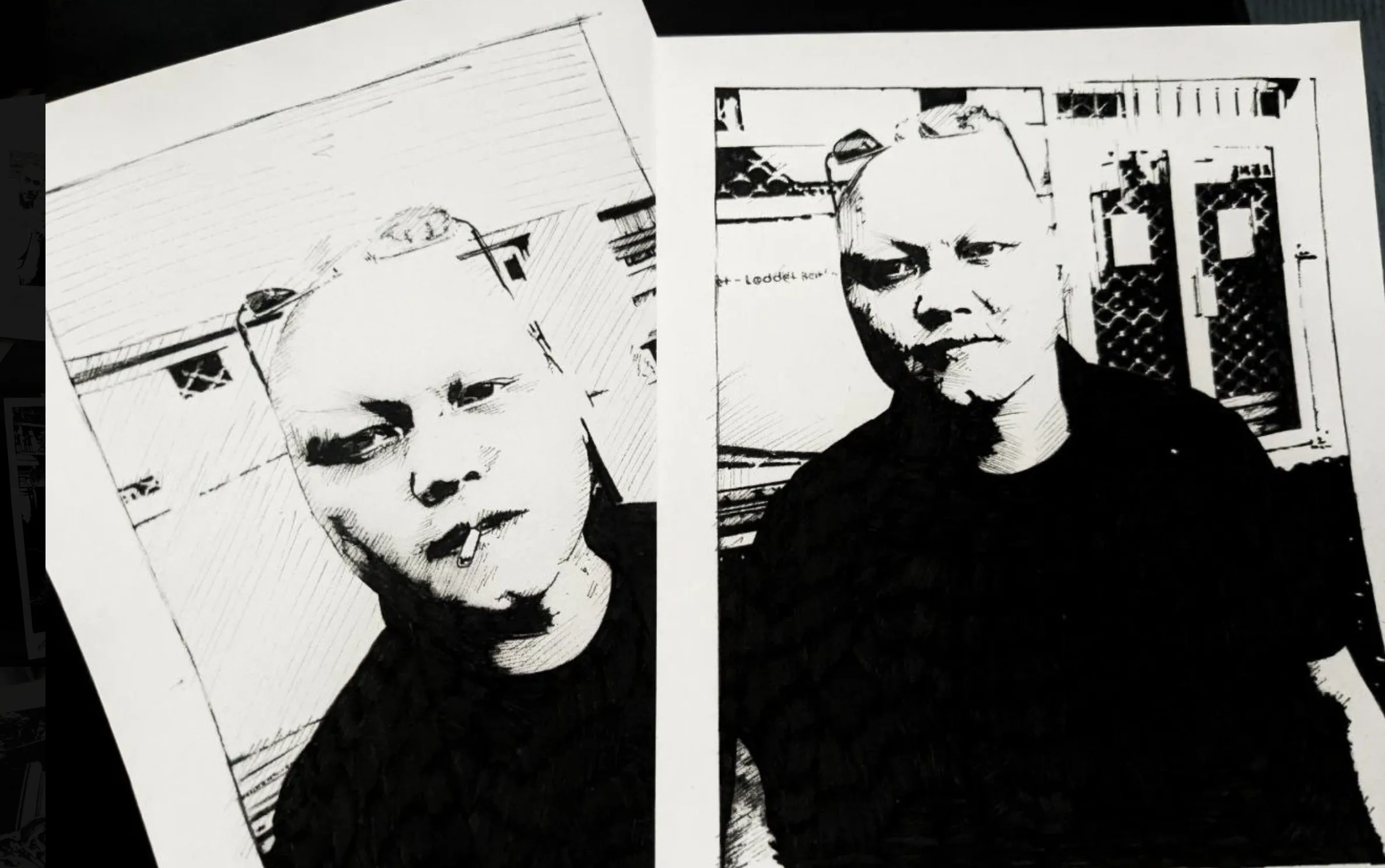 Two black-and-white drawings of Victor, shown side by side.