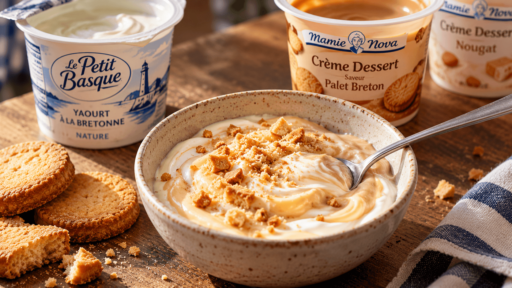 Creamy yogurt dessert with biscuit crumbs, palets bretons and tubs of yogurt, palet breton dessert cream and nougat dessert cream on a wooden table.