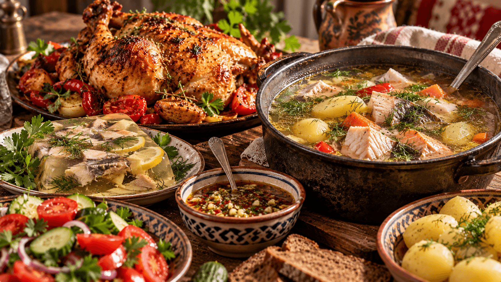 A rustic feast with fish soup, roasted poultry, fish aspic, garlic sauce, potatoes and fresh vegetables.