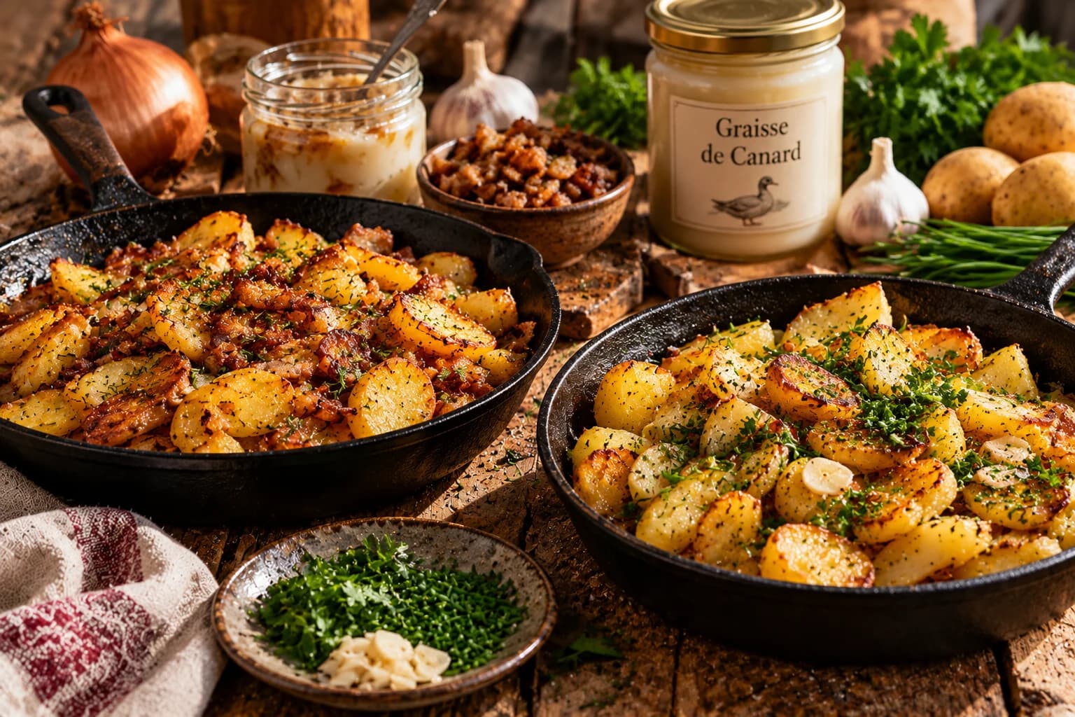 Two pans of golden fried potatoes with herbs and pork cracklings, beside jars of rendered pork fat and duck fat, garlic and onions.
