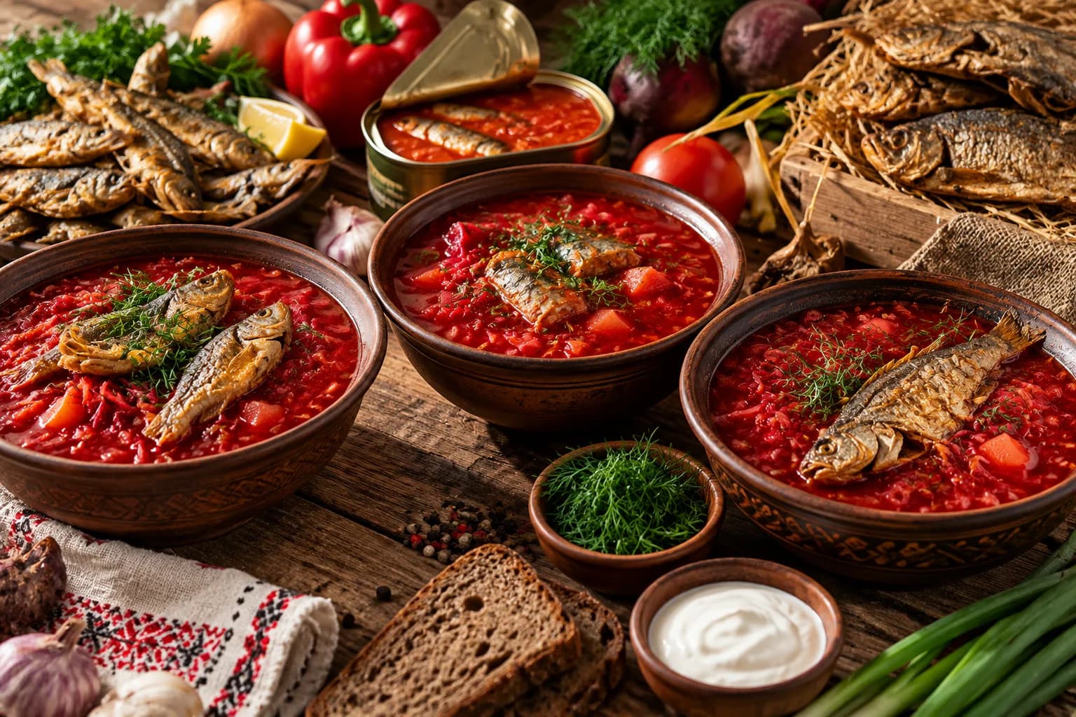 Three bowls of red Ukrainian fish borscht with fried gobies, sprats in tomato sauce and dried crucian carp, surrounded by vegetables, dill, rye bread and sour cream.