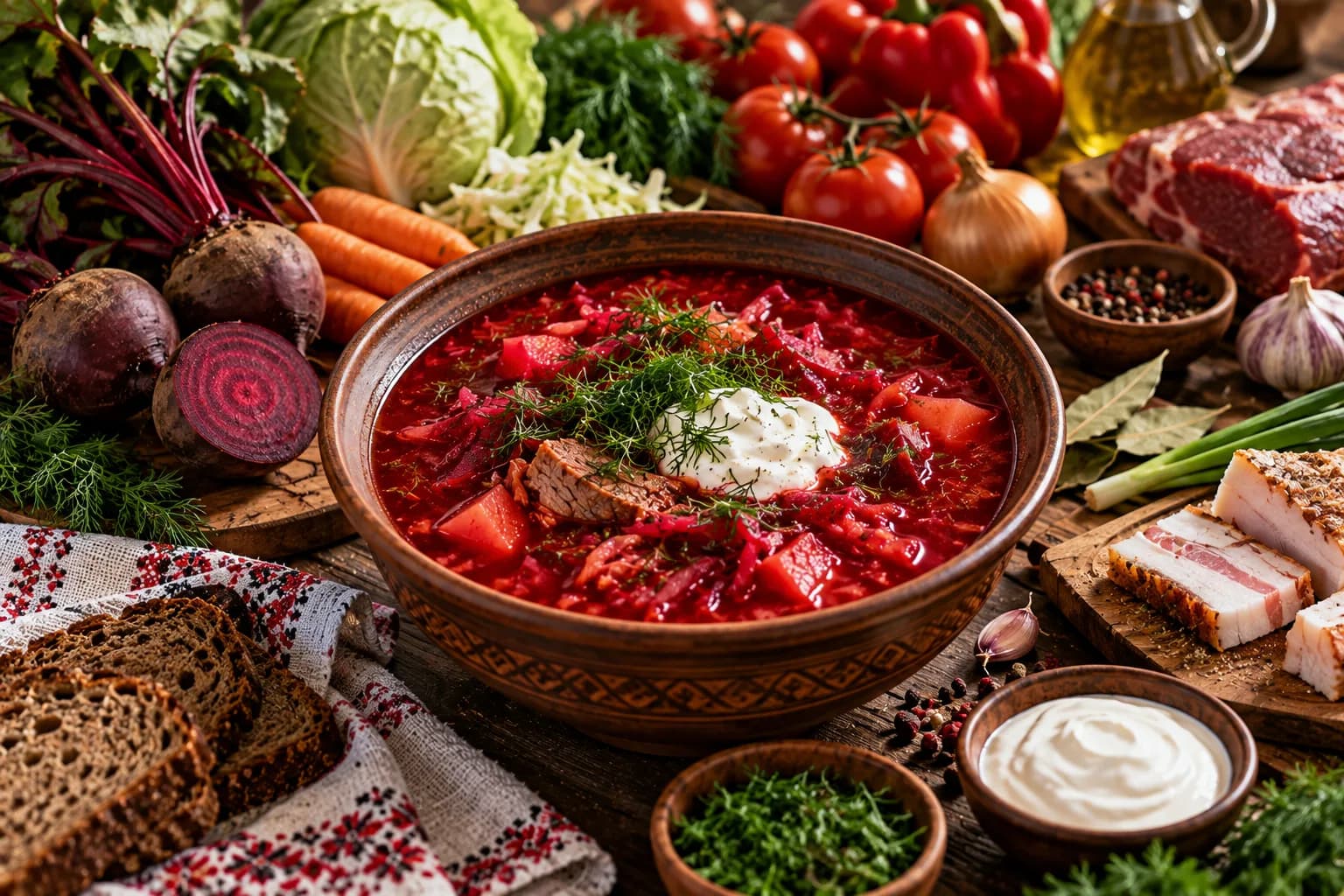 A bowl of red Ukrainian borscht with sour cream and dill, surrounded by beetroot, cabbage, tomatoes, peppers, rye bread and salo.