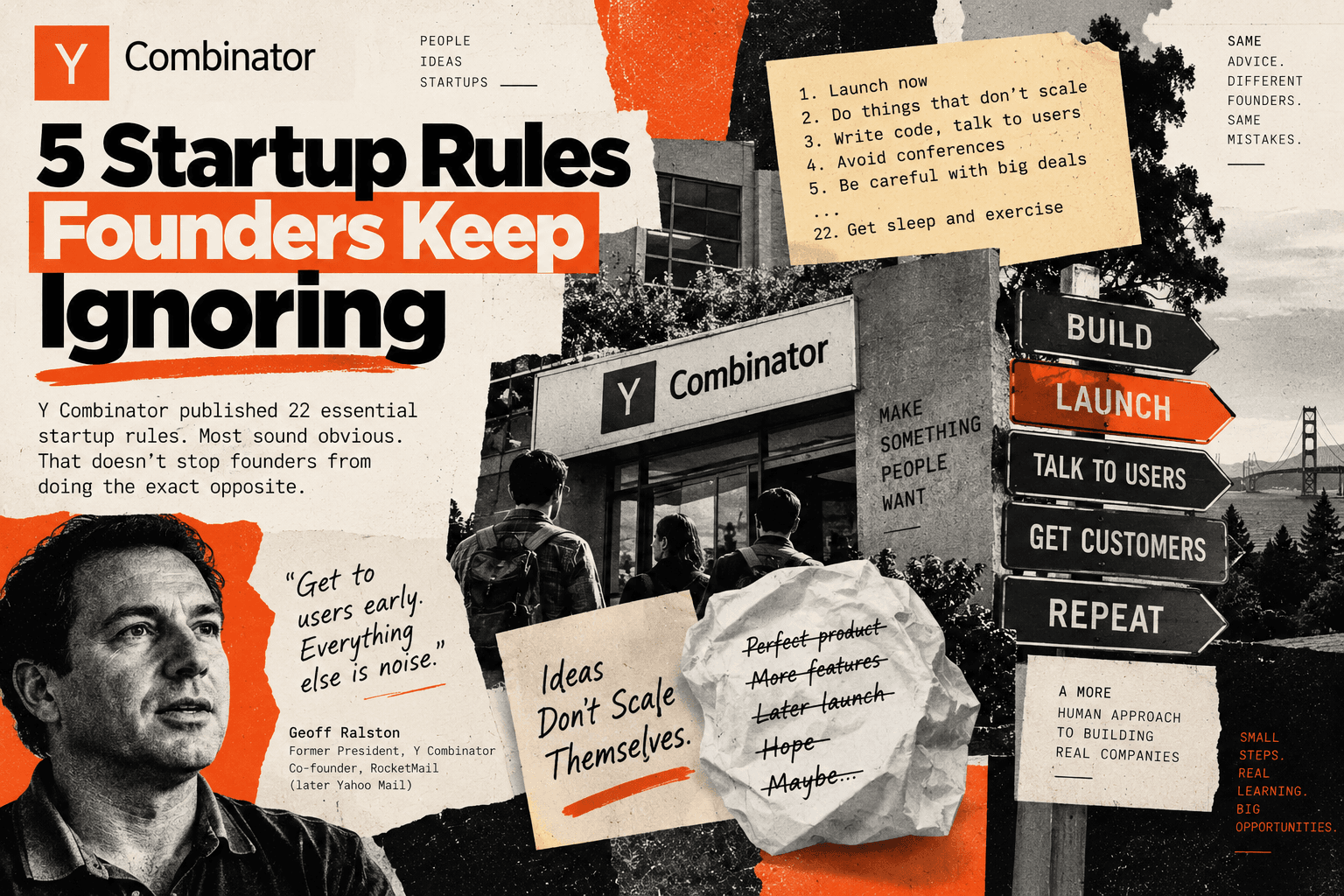 Editorial collage illustrating five Y Combinator startup rules, with build, launch and talk-to-users signs.