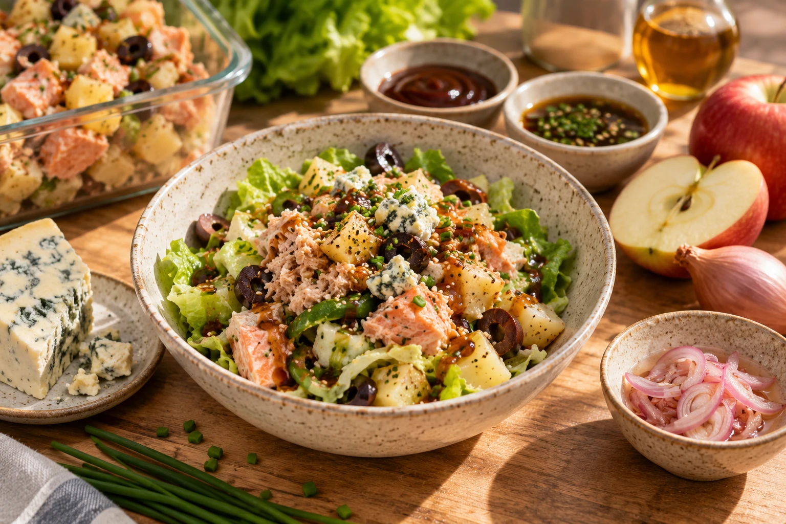 Illustration of a salmon, potato, olive and blue-cheese salad beside sauces, fresh apple and pickled shallots, including ingredients proposed for a future variation