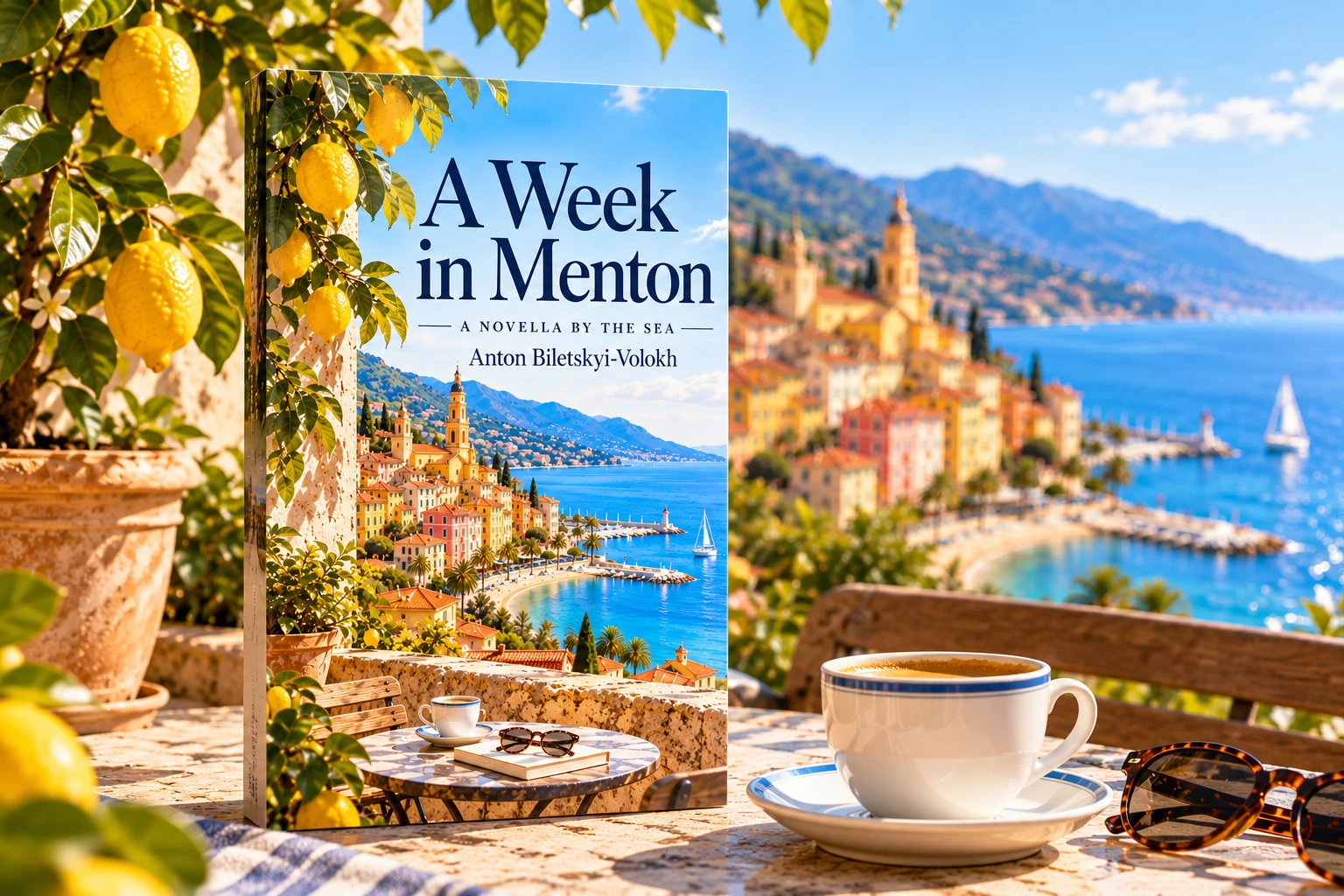 A Week in Menton book displayed on a sunny terrace overlooking Menton