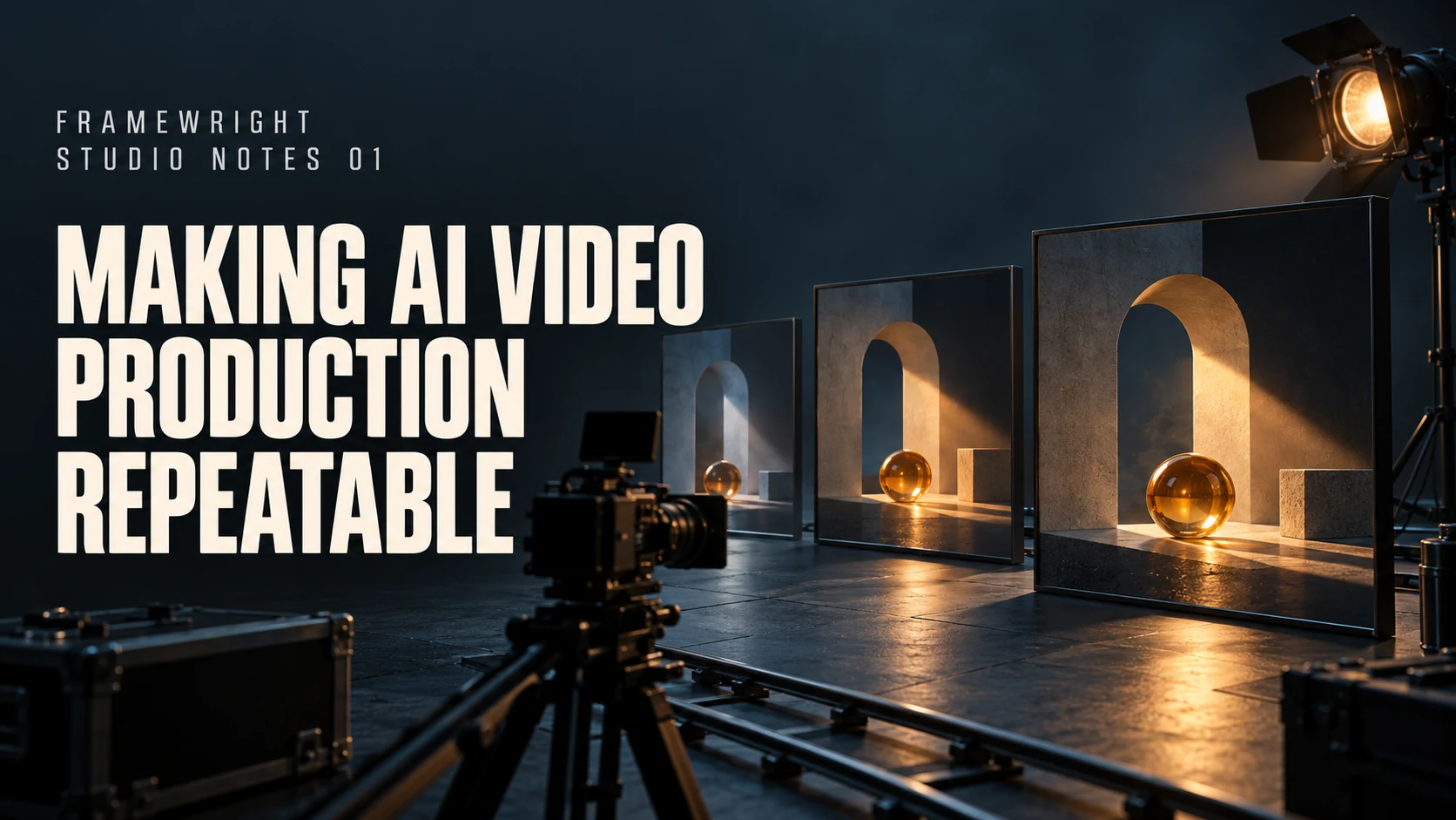A cinematic miniature studio with a camera, repeated arch-and-sphere scenes and amber lighting, beside the headline Making AI Video Production Repeatable.