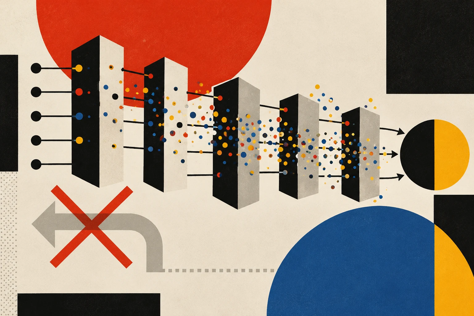 Abstract neural network layers sending signals forward, with a crossed-out backward arrow.